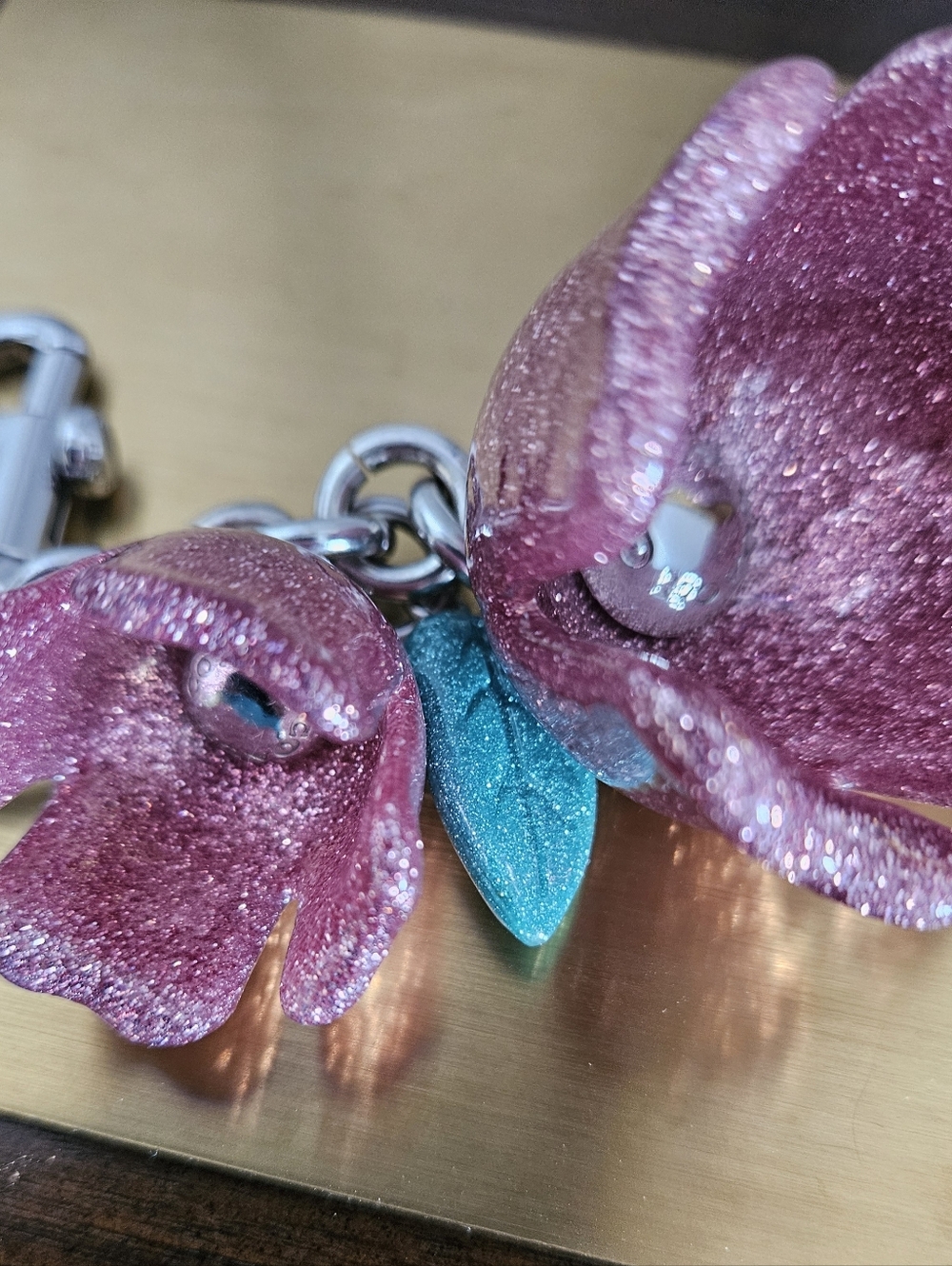 Coach Pink Glitter Resin Tea Rose Bag Charm Keychain - Picture 6 of 8